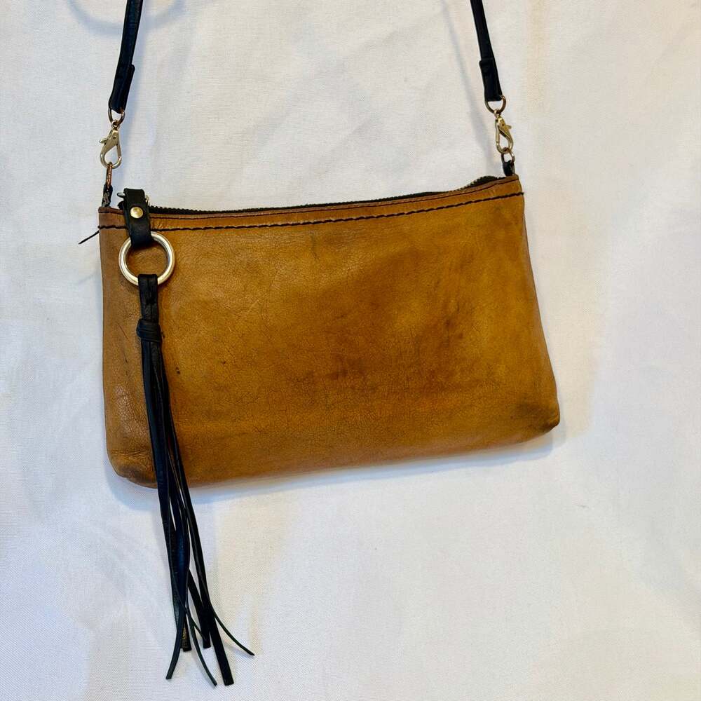 HOBO The Original Tan Leather Crossbody Bag Purse w/ Black Tassel & Strap